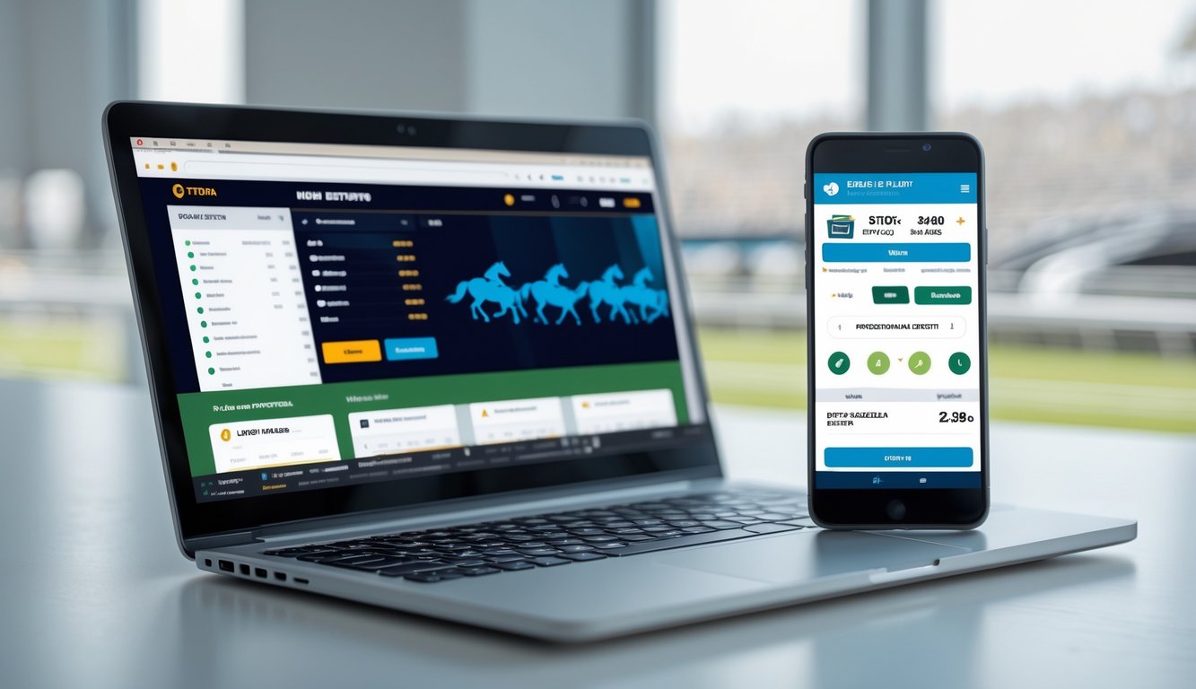 Seorang pria menggunakan laptop dan ponsel di meja kerja dengan latar belakang simbol balap kuda yang bergerak cepat.