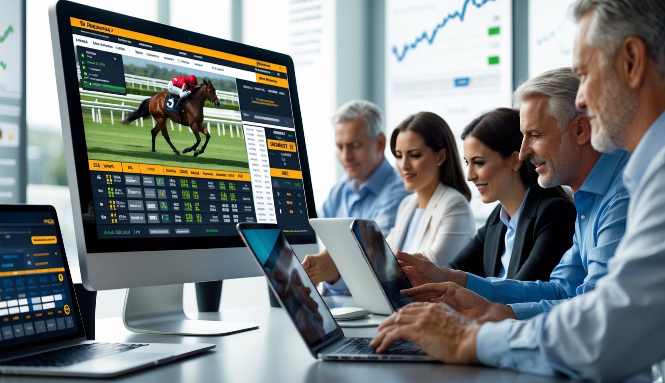 Orang-orang sedang menggunakan perangkat elektronik untuk bertaruh pada balap kuda secara online di sebuah ruang kerja modern.