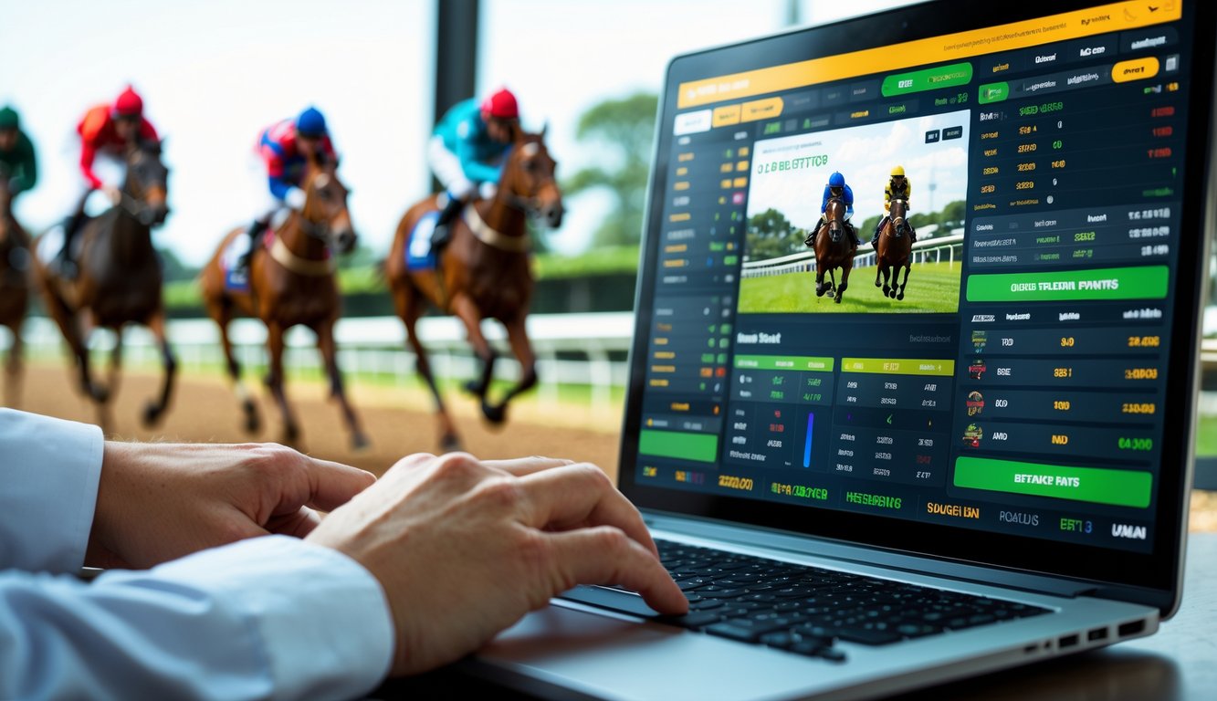 Seseorang menggunakan komputer untuk memasang taruhan balap kuda online dengan latar belakang kuda-kuda yang sedang berlomba di arena.