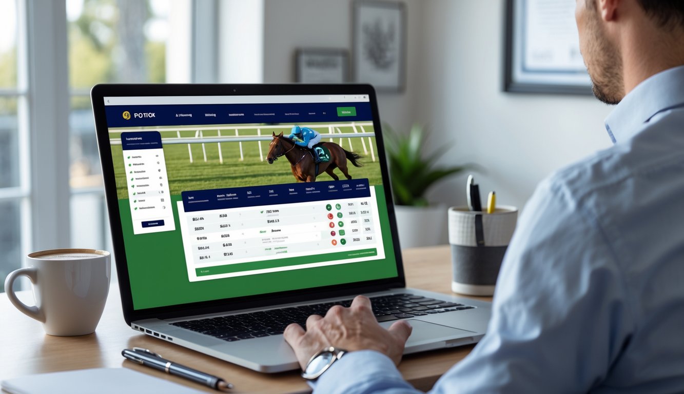 Seseorang duduk di depan laptop yang menampilkan situs taruhan balap kuda online dengan suasana kerja yang rapi dan profesional.