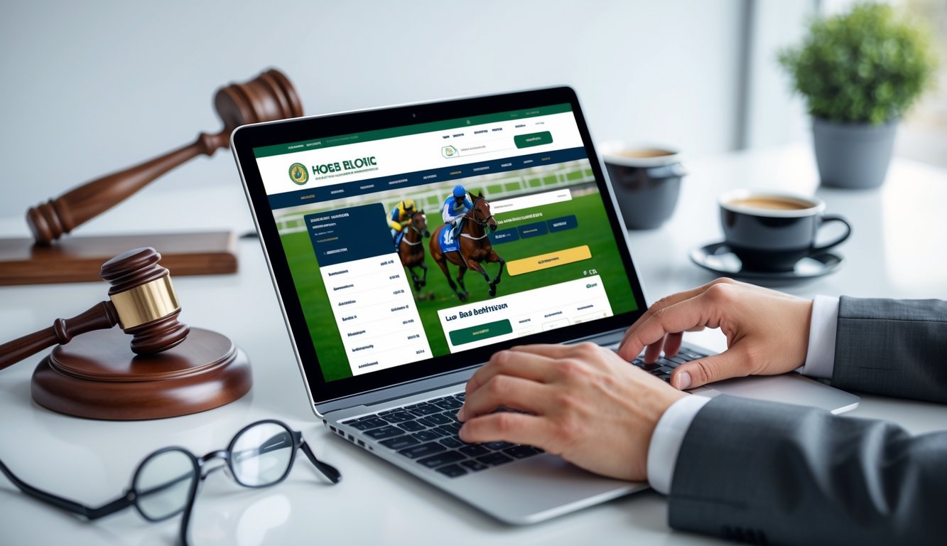 Seorang pria menggunakan laptop di meja kerja dengan tampilan balap kuda online, dikelilingi alat tulis dan cangkir kopi.