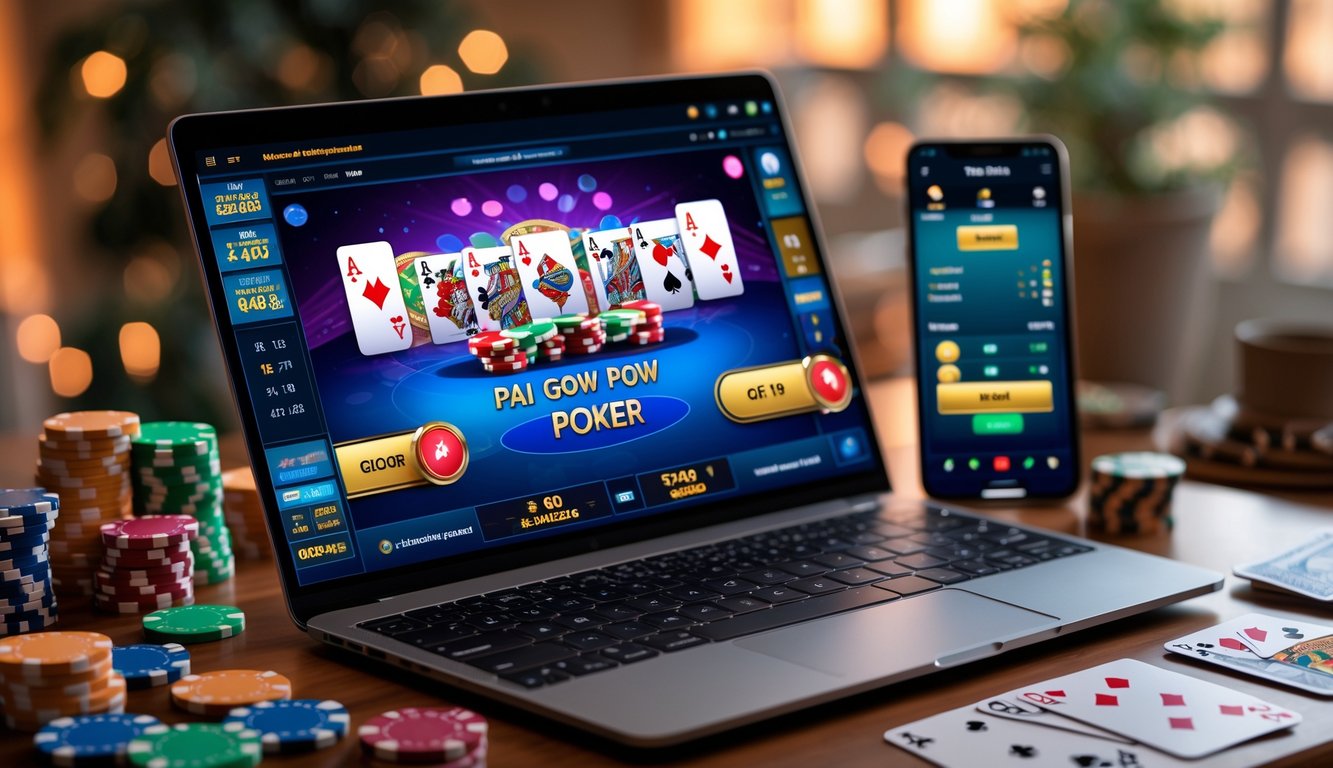 Seorang pemain sedang bermain Pai Gow Poker online menggunakan laptop dengan kartu dan chip poker di meja.