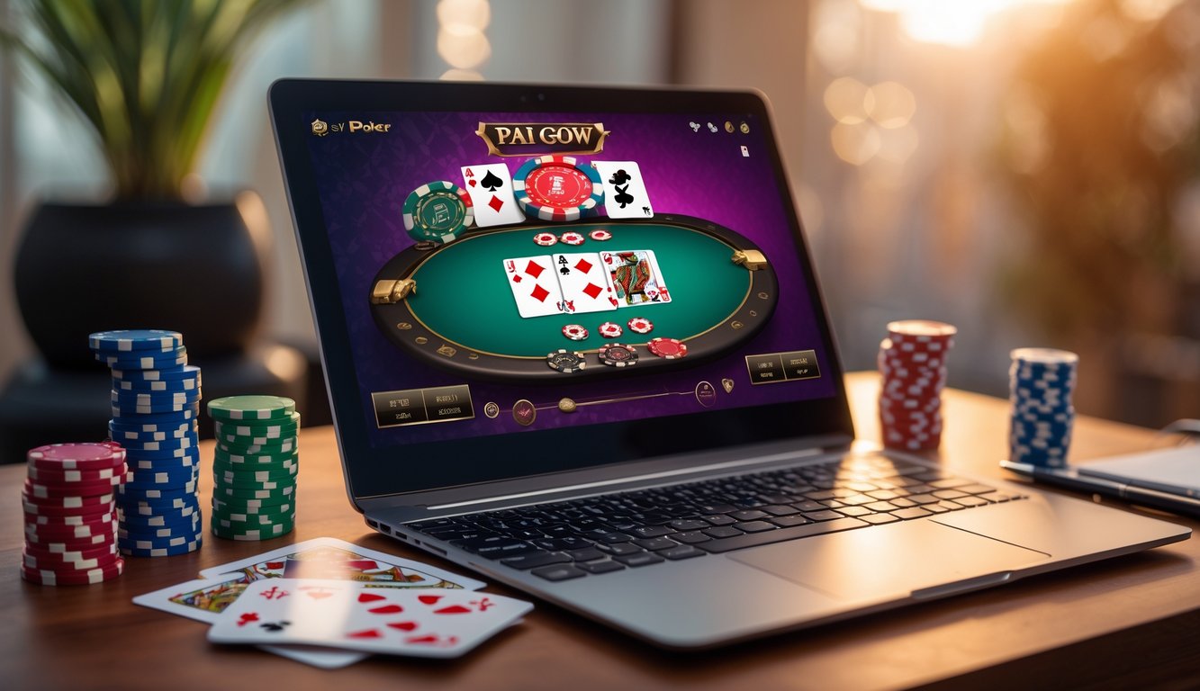 Sebuah meja dengan komputer yang menampilkan permainan Pai Gow Poker online, dikelilingi oleh kartu remi dan chip poker.