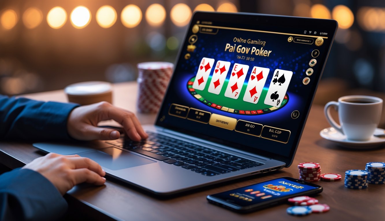 Seorang pemain menggunakan laptop dengan meja poker digital Pai Gow Poker dan chip poker di meja.