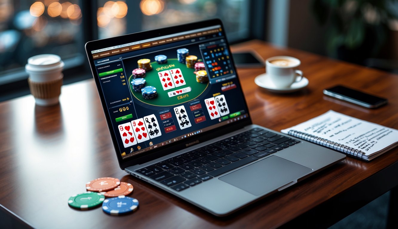 Seorang pemain sedang menggunakan laptop dengan permainan Pai Gow Poker online di layar, di samping terdapat buku catatan dan chip poker di atas meja.