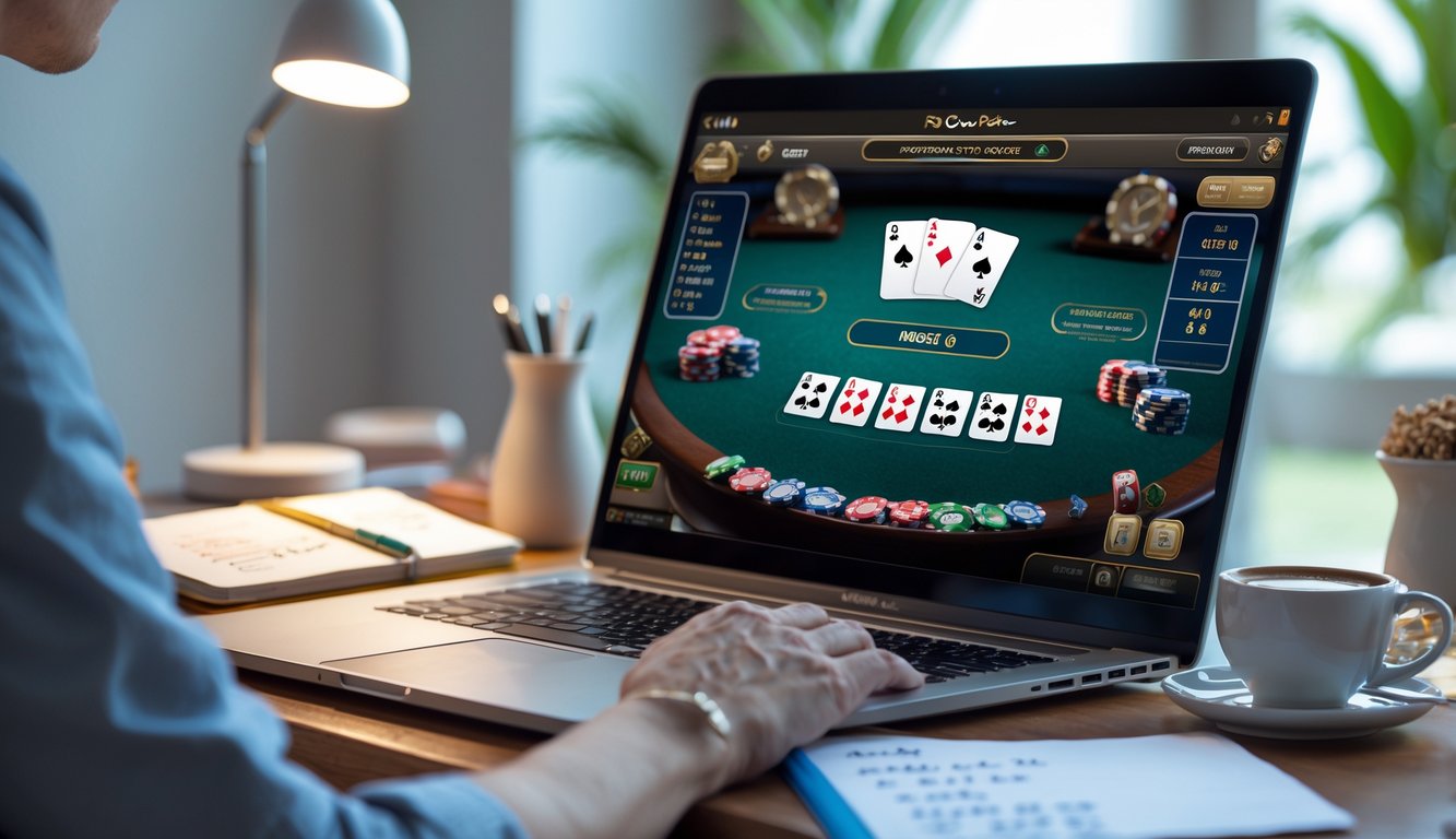 Seorang pemain sedang menggunakan komputer untuk bermain Pai Gow Poker online dengan catatan strategi dan suasana ruang kerja yang tenang.