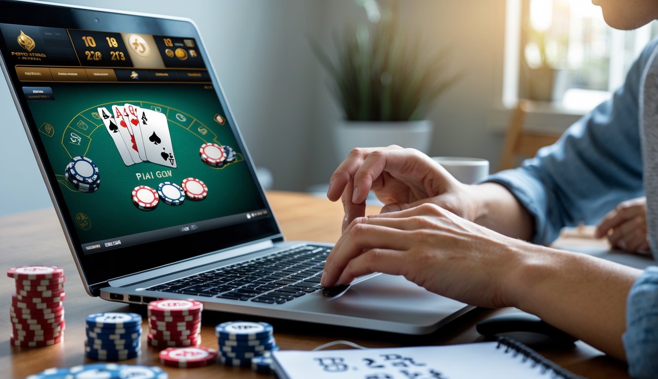 Seseorang sedang bermain Pai Gow Poker online di laptop dengan suasana ruangan yang nyaman dan pencahayaan alami.