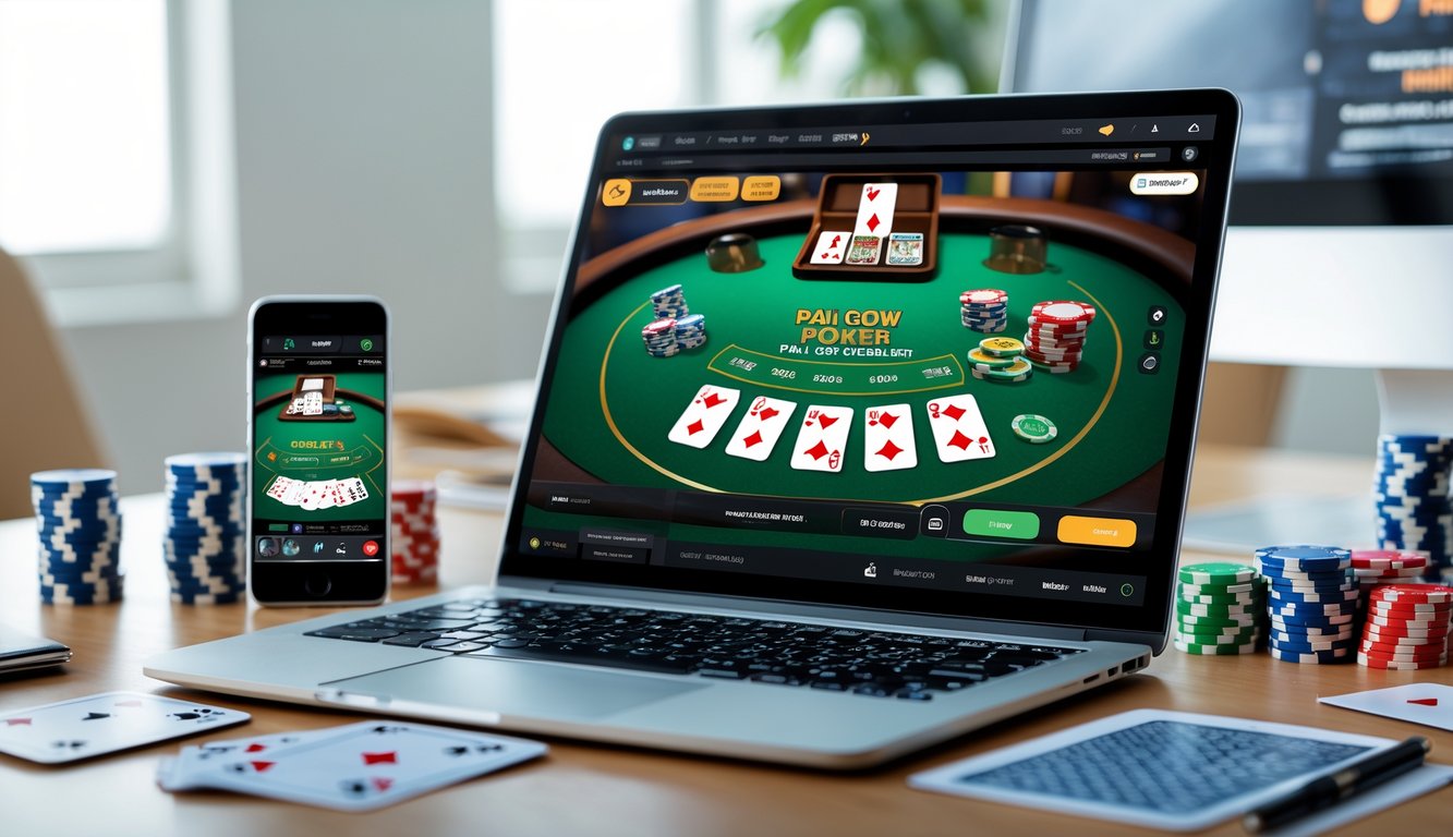 Seorang pemain sedang bermain Pai Gow Poker online di komputer dengan chip poker dan kartu di meja.