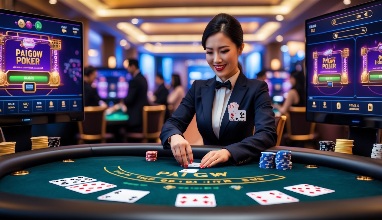 Seorang dealer langsung yang ramah sedang membagikan kartu di meja Pai Gow Poker dengan layar digital menampilkan permainan poker online.