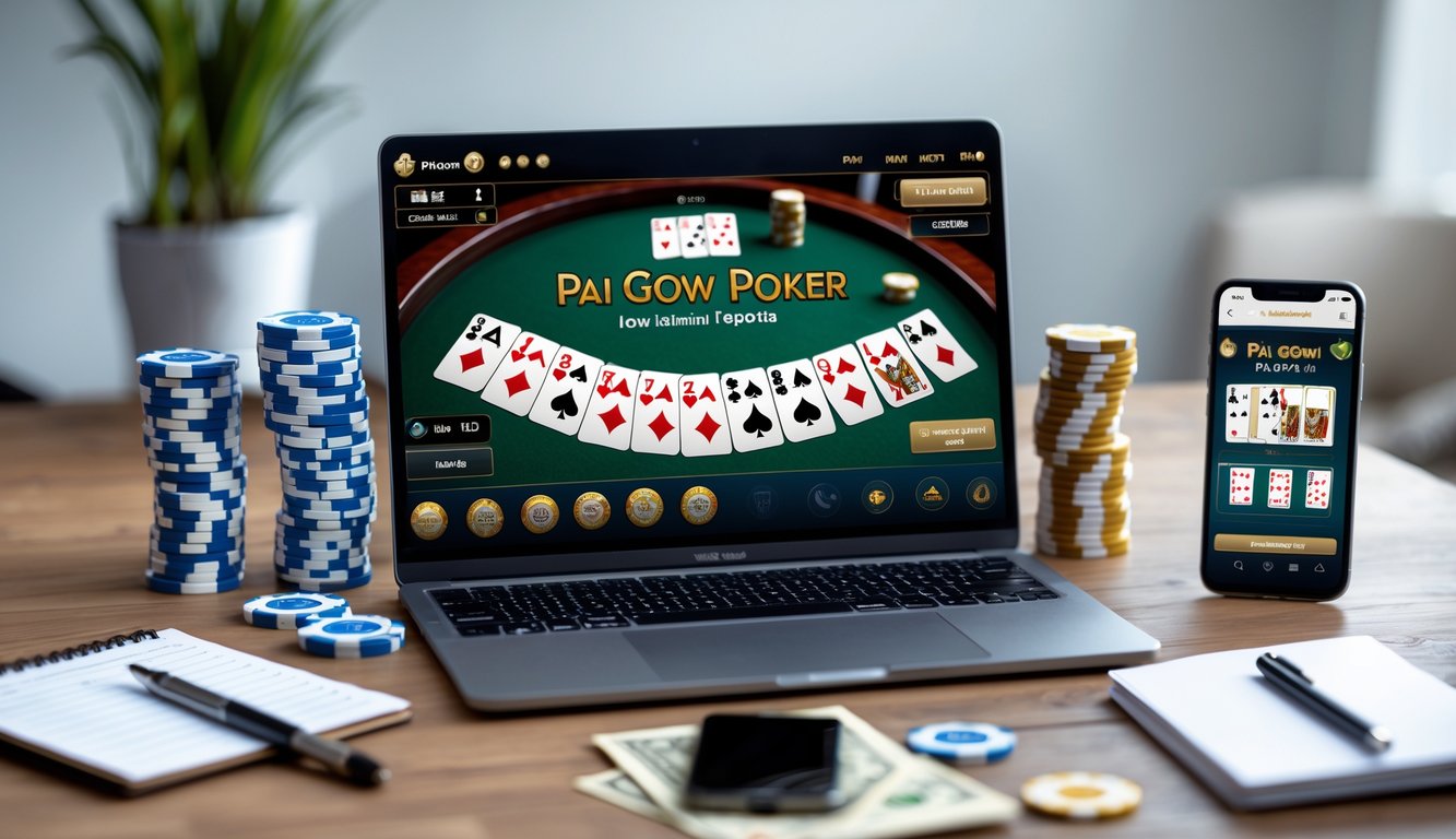Seorang pengguna sedang bermain Pai Gow Poker online di laptop dengan tumpukan chip poker dan ponsel di meja kerja yang rapi.
