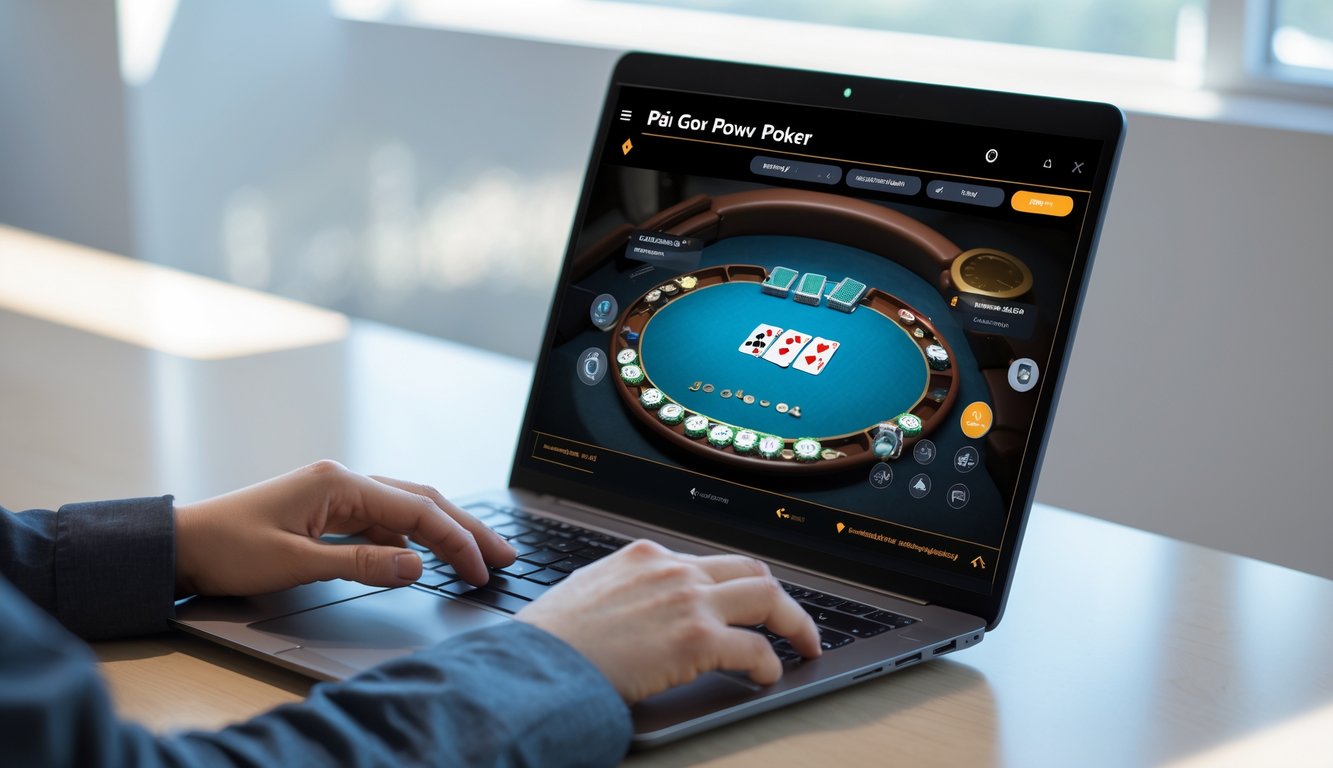 Seorang pemain menggunakan laptop untuk bermain Pai Gow Poker online dengan meja kartu dan chip terlihat di layar.