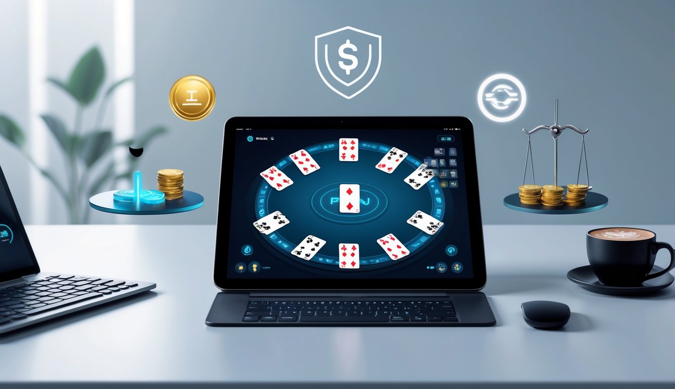 Sebuah meja poker digital dengan kartu Pai Gow Poker di layar komputer, dikelilingi simbol keamanan dan transaksi cepat, di ruang kerja yang bersih dan terang.
