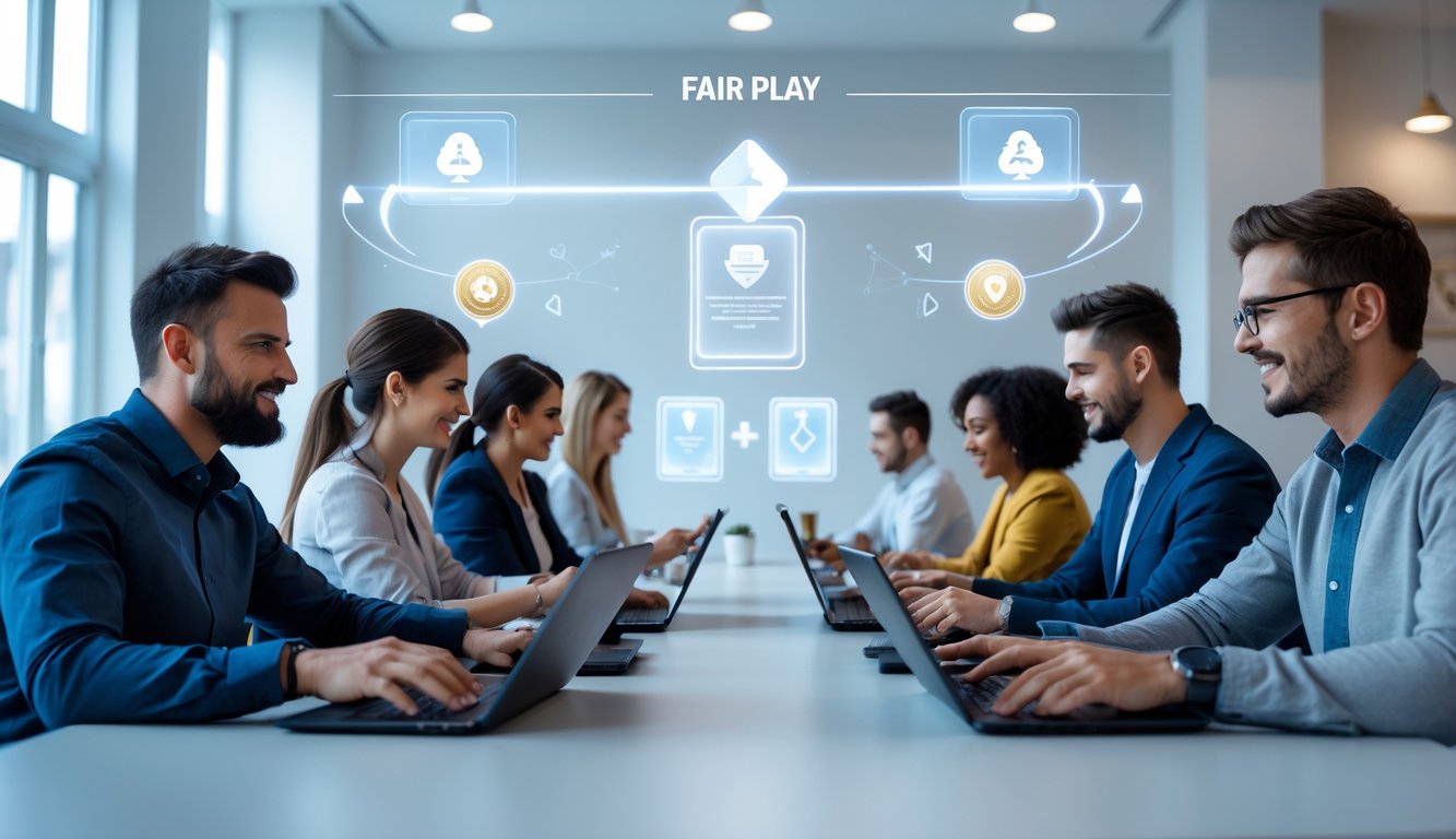 Beberapa orang bermain permainan kartu online di ruangan terang dengan perangkat digital, menunjukkan suasana percaya dan adil.