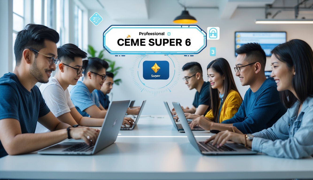 Sekelompok orang bermain permainan kartu digital secara online di ruang kerja modern yang terang dan bersih.