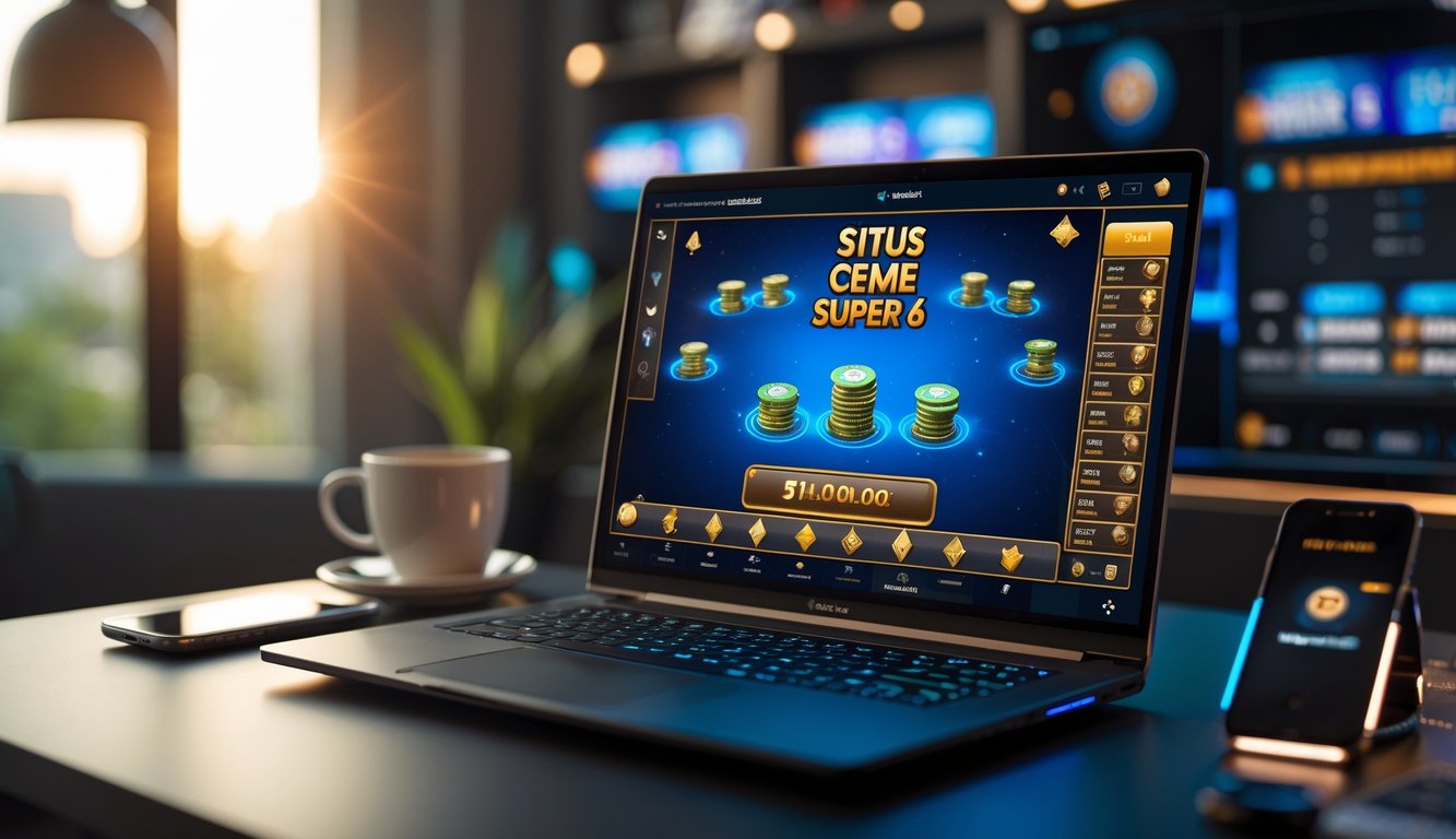 Seorang pengguna duduk di depan laptop dengan tampilan permainan kartu online, di meja terdapat chip poker dan ponsel, suasana nyaman dan profesional.