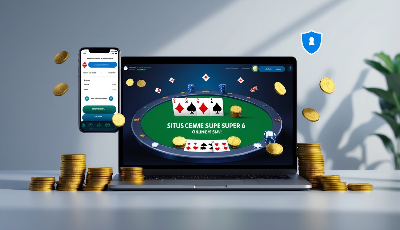 Seorang pengguna sedang melihat layar laptop dengan tampilan permainan kartu online dan perangkat pendukung seperti smartphone dan koin di meja.