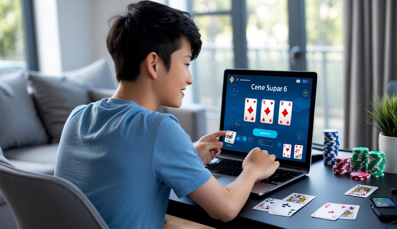 Seseorang muda sedang bermain permainan kartu Ceme Super 6 secara online di laptop di ruang tamu yang nyaman.