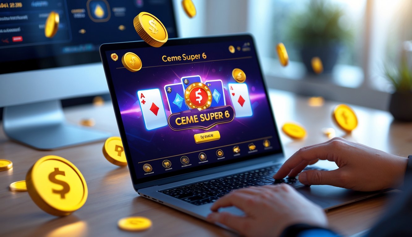 Seorang pengguna sedang bermain permainan kartu online di perangkat digital dengan latar belakang ruang kerja yang terang dan rapi.