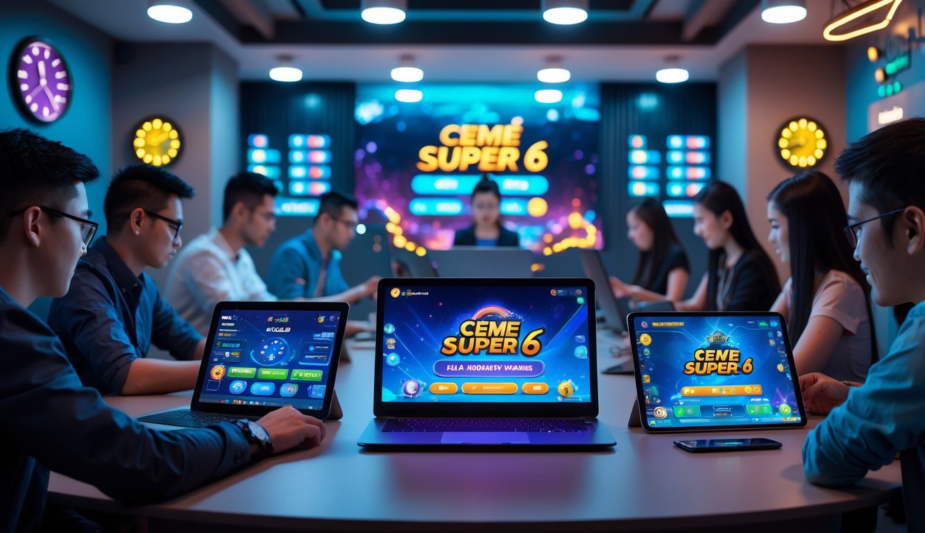 Beberapa orang menggunakan perangkat digital untuk bermain game online di ruangan yang terang dan modern.