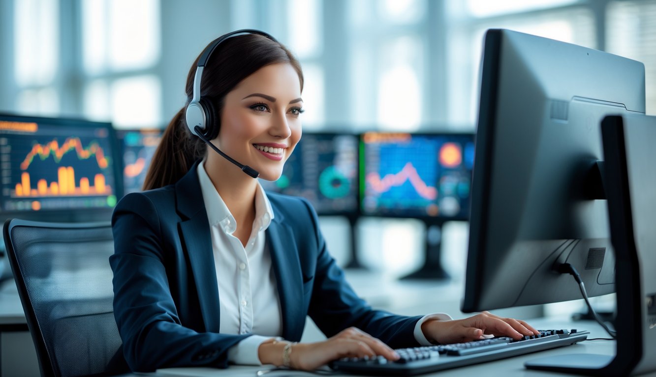 Seorang agen layanan pelanggan yang ramah sedang bekerja di meja kantor modern dengan headset, di depan beberapa layar komputer.