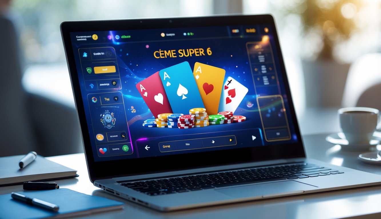 Seorang pemain sedang menggunakan laptop dengan tampilan permainan kartu online di layar, di atas meja terdapat buku catatan dan cangkir kopi.