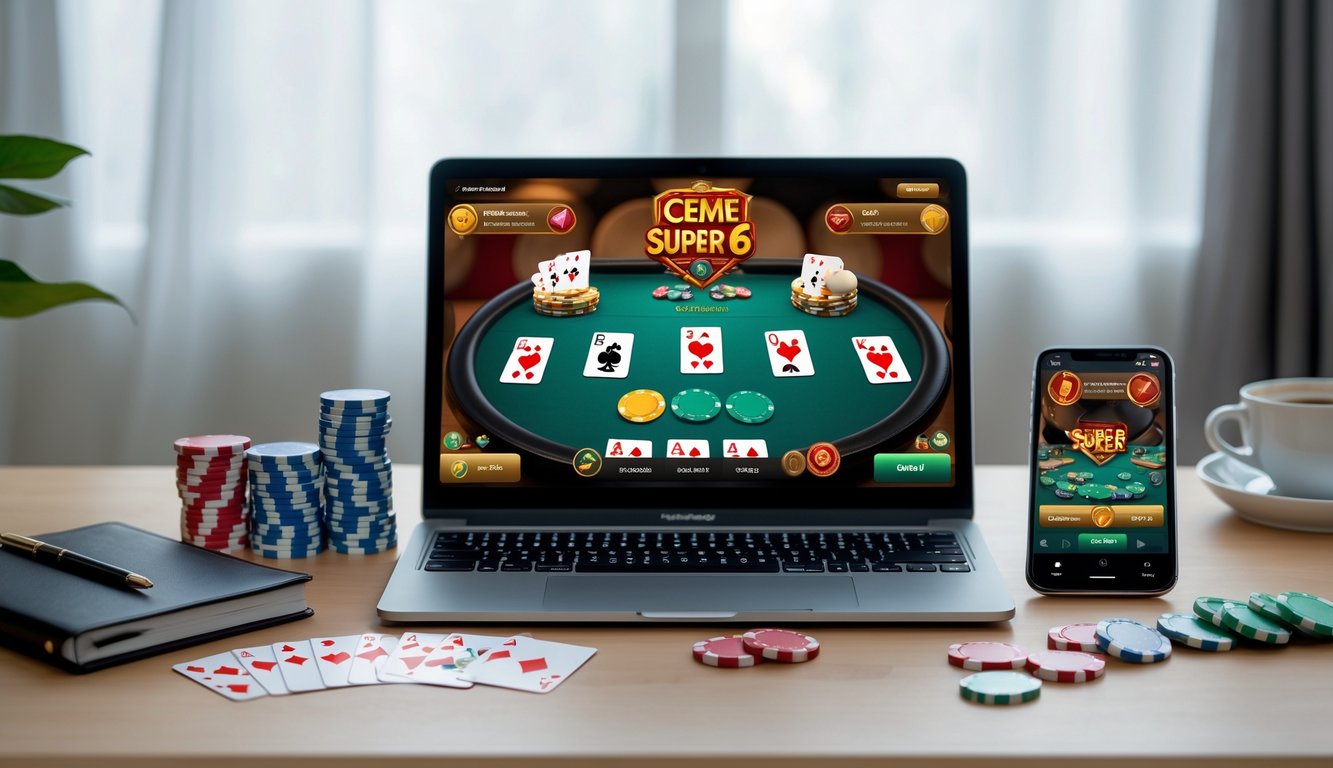 Seorang pemain sedang bermain permainan kartu Ceme Super 6 secara online menggunakan laptop dan smartphone di atas meja yang rapi.