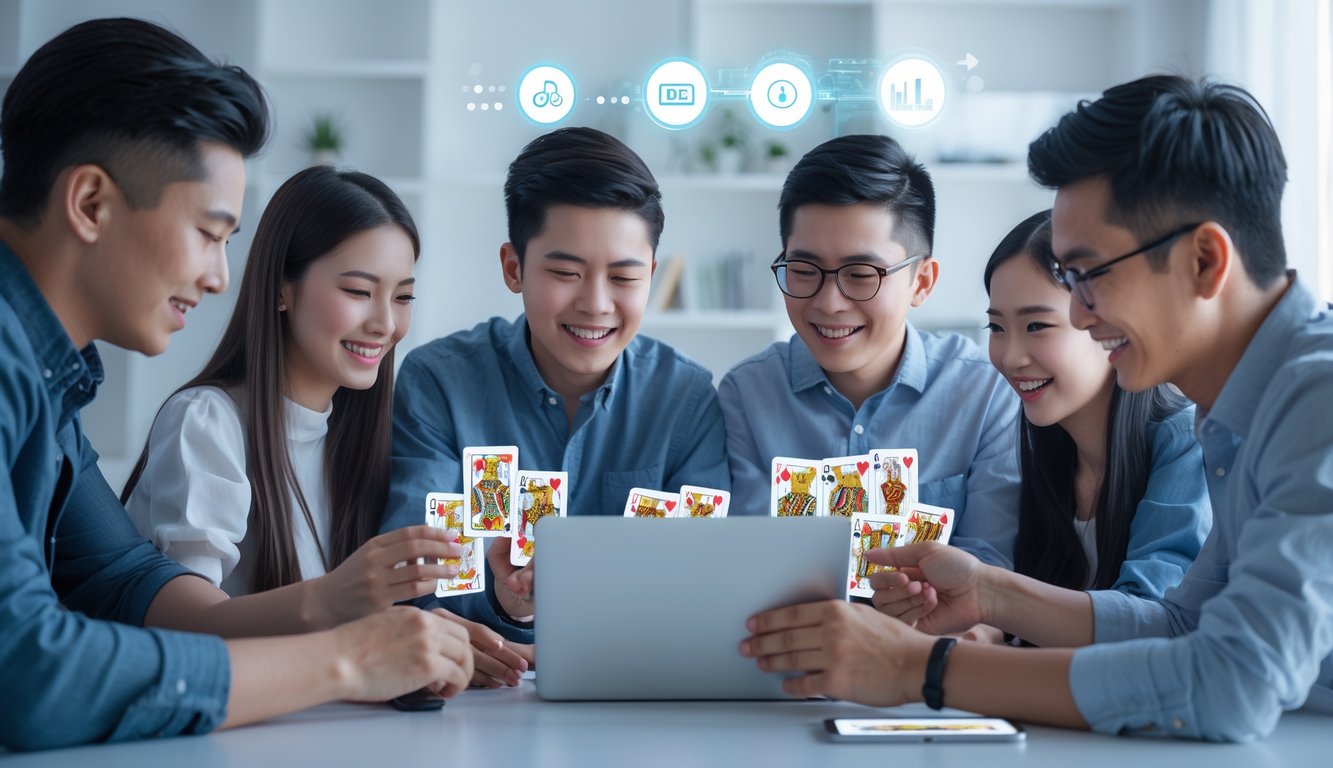 Sekelompok orang muda sedang menggunakan laptop dan ponsel untuk bermain game kartu online dengan suasana cerah di ruang tamu modern.