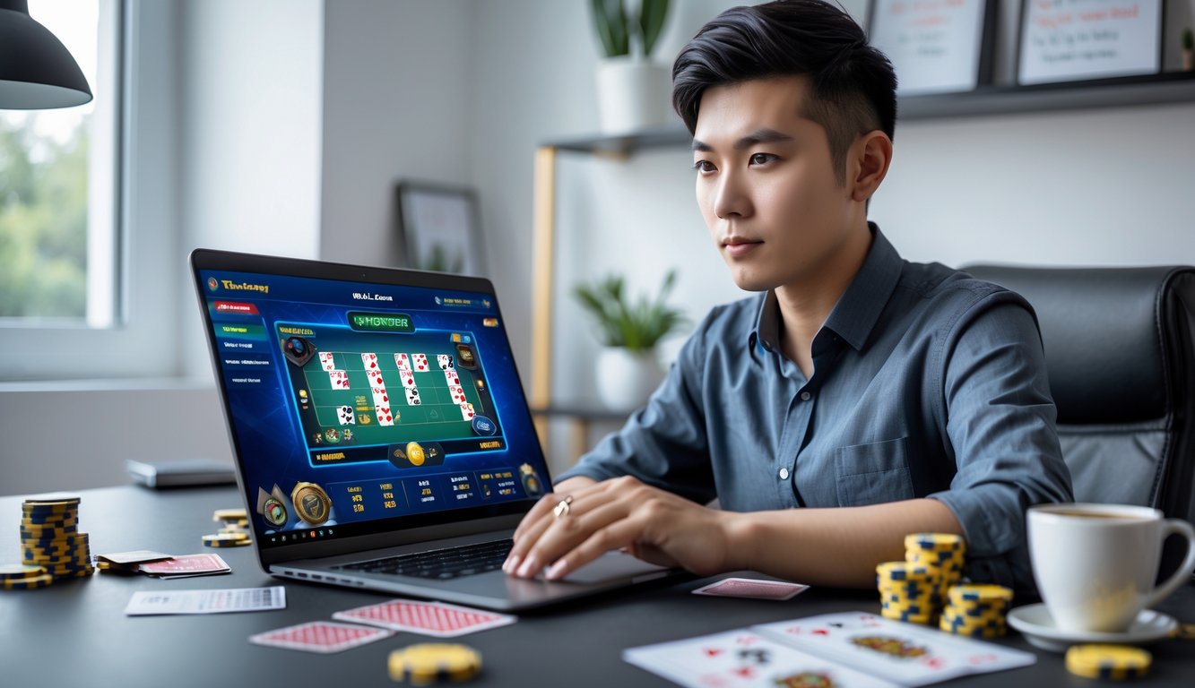 Seorang pria muda duduk di meja dengan laptop terbuka menampilkan permainan kartu online, dikelilingi oleh chip poker dan kartu remi, terlihat fokus dan berpikir keras.