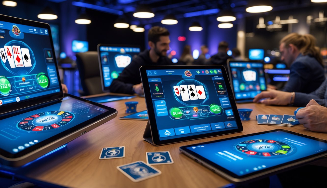 Suasana ruang modern dengan beberapa meja permainan kartu online yang aktif dan pemain yang sedang bermain.