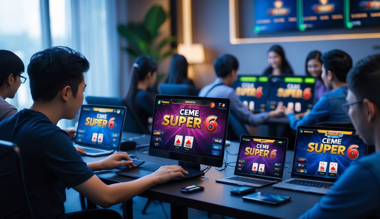 Beberapa orang sedang bermain permainan kartu online di berbagai perangkat digital di sebuah ruangan modern.