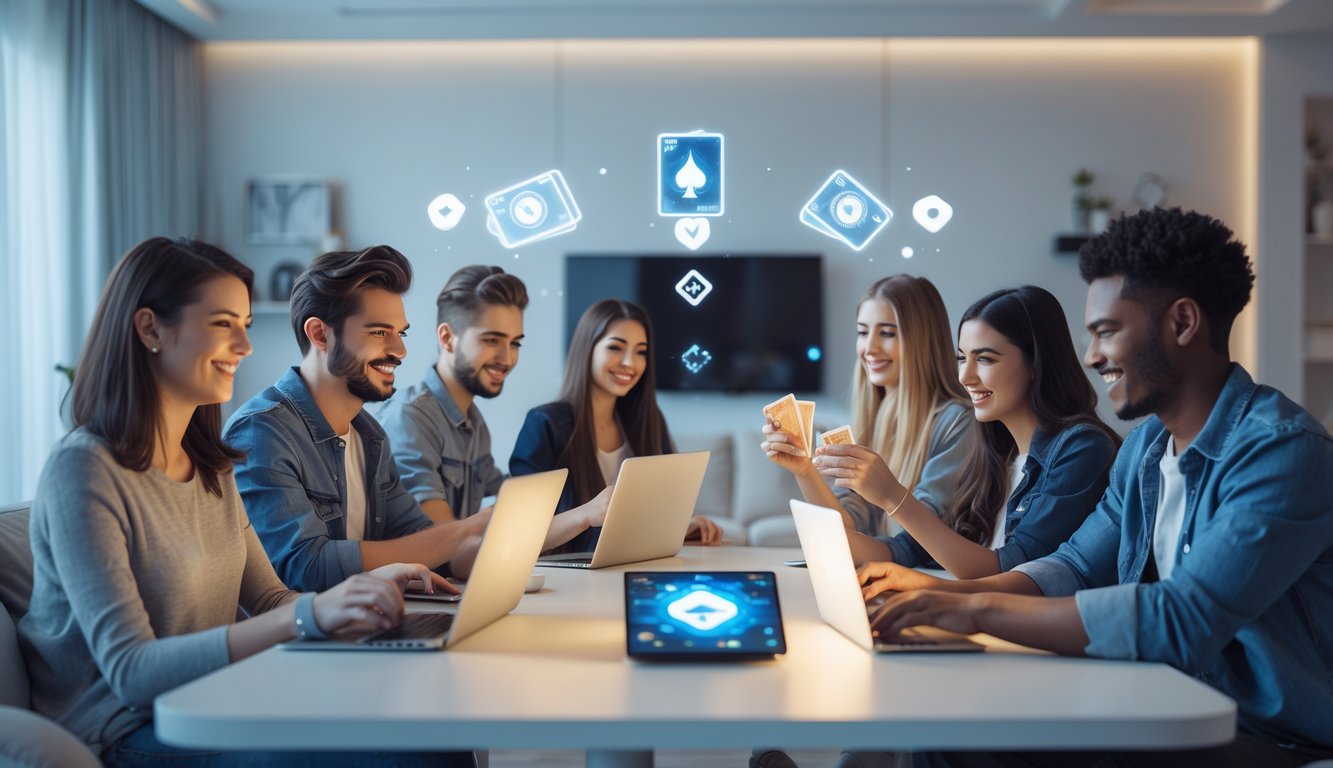 Sekelompok orang muda bermain permainan kartu online bersama di ruang tamu yang nyaman dan terang.