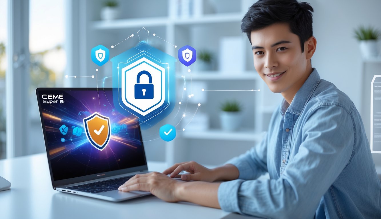 Seseorang menggunakan laptop di ruang kerja yang rapi dengan tampilan layar yang menunjukkan proses pendaftaran online yang aman dan resmi.