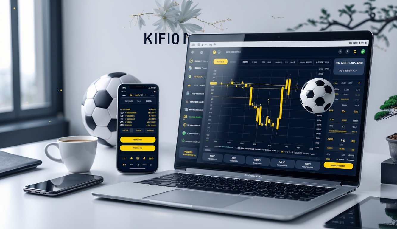 Meja kerja modern dengan laptop menampilkan grafik taruhan olahraga, bola sepak digital, dan ponsel dengan pembaruan taruhan langsung.