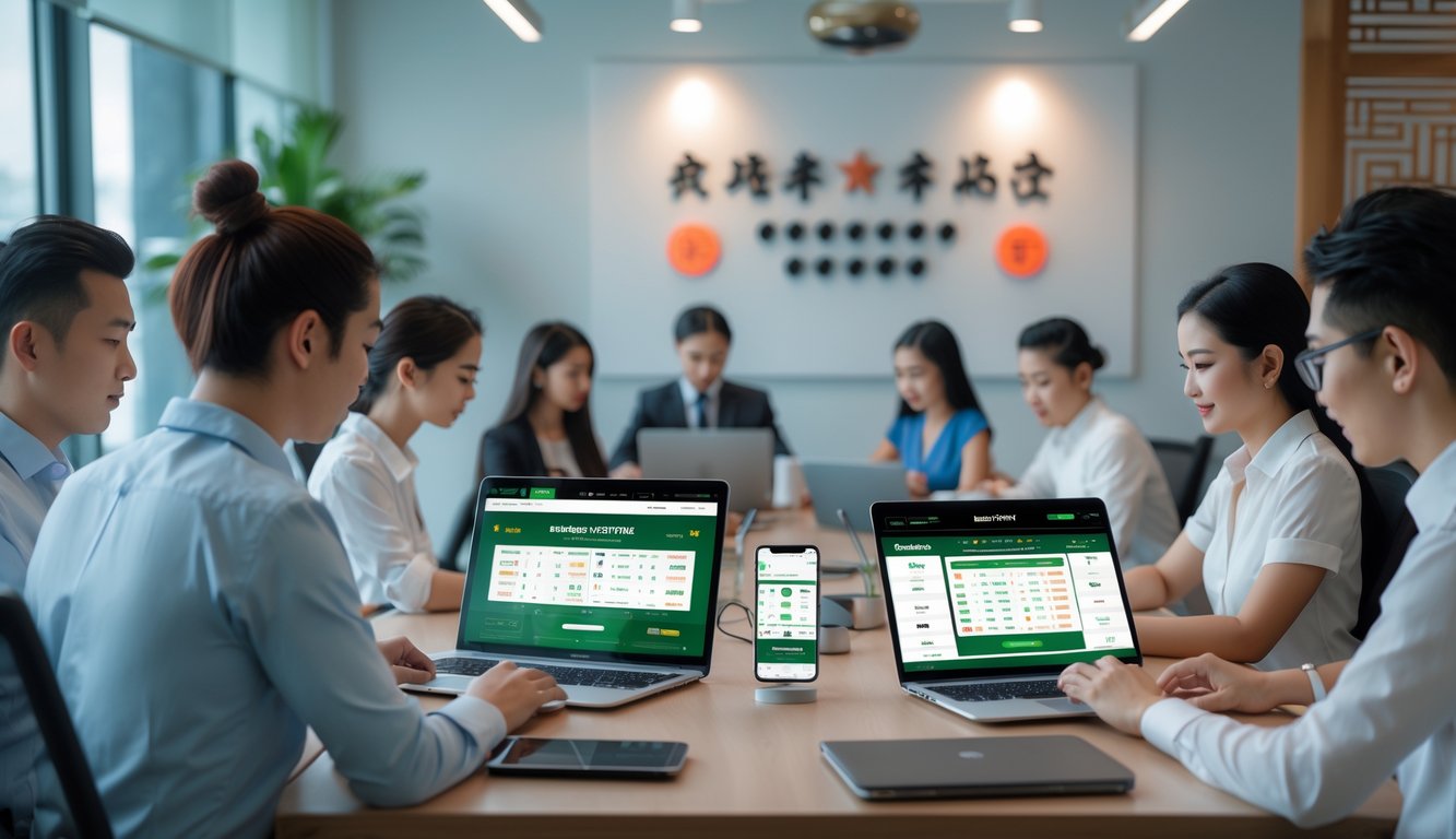Beberapa orang menggunakan perangkat digital di kantor modern yang rapi, fokus pada aktivitas taruhan olahraga online dengan suasana aman dan profesional.