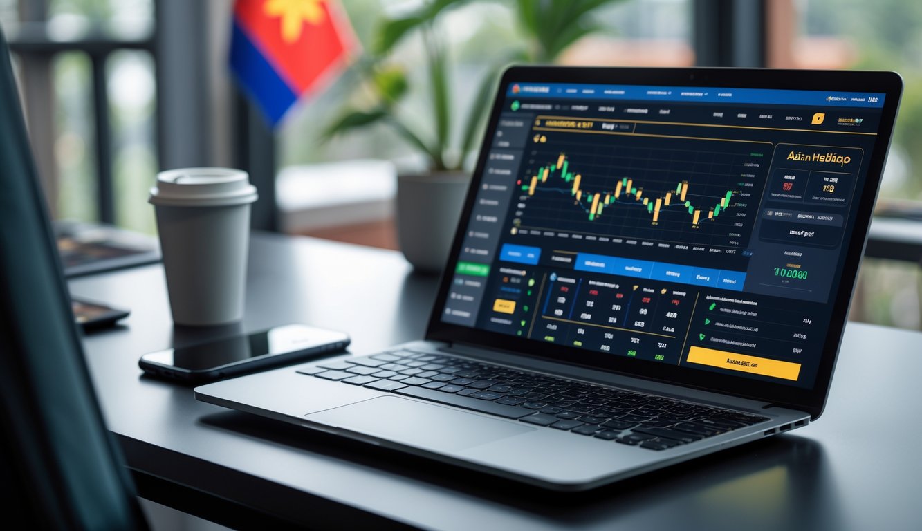 Seorang pria menggunakan laptop di meja kerja dengan layar menampilkan antarmuka taruhan olahraga, dikelilingi oleh ponsel dan cangkir kopi, menunjukkan suasana taruhan online yang aman dan resmi.