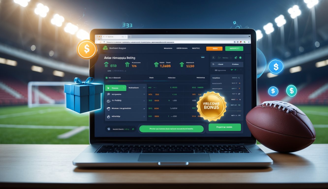 Seorang pria menggunakan laptop di meja kerja dengan tampilan situs taruhan sepak bola online dan latar belakang stadion sepak bola.