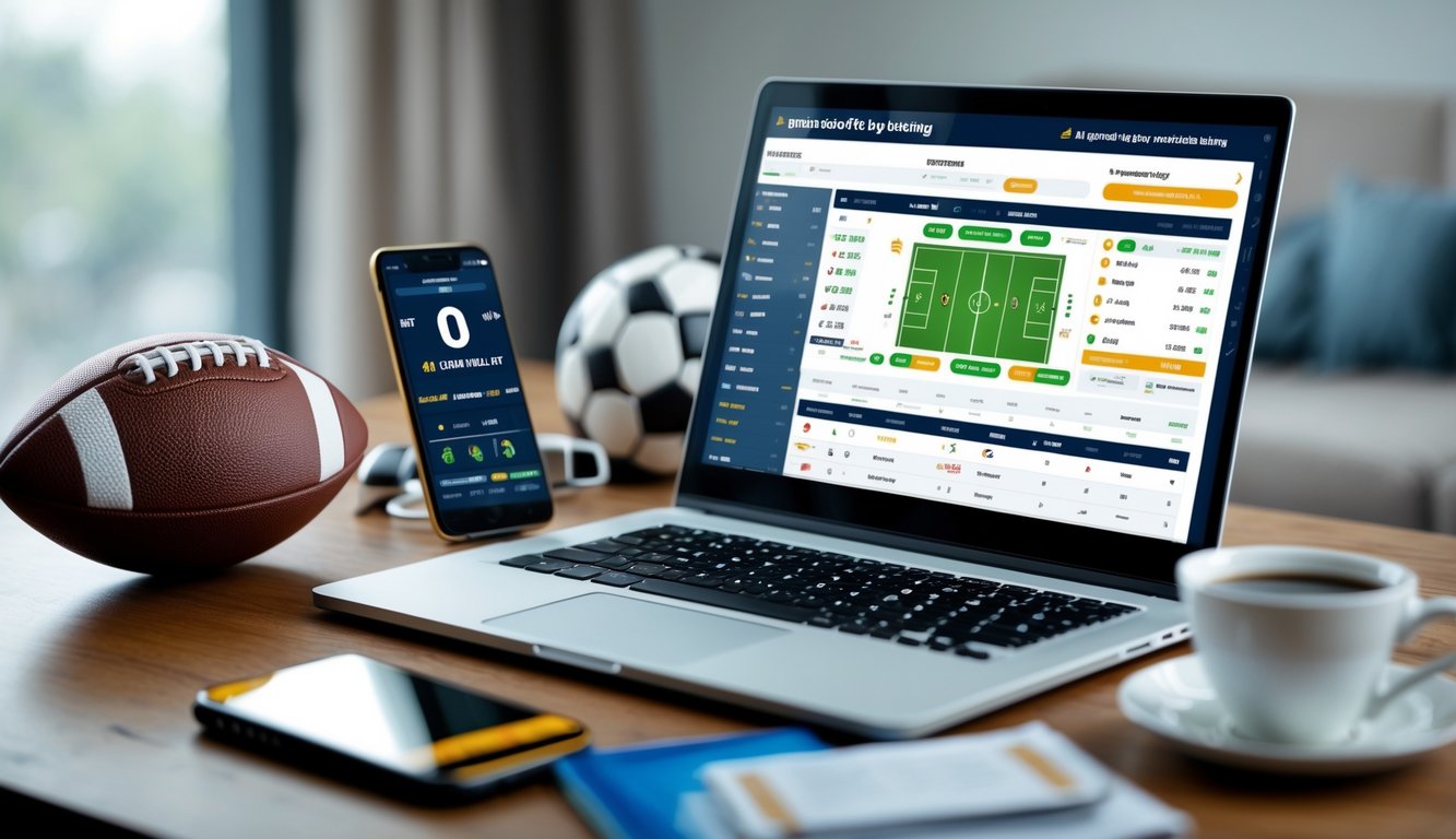 Meja kerja dengan laptop yang menampilkan antarmuka taruhan sepak bola, bola sepak, dan smartphone di sekitarnya.