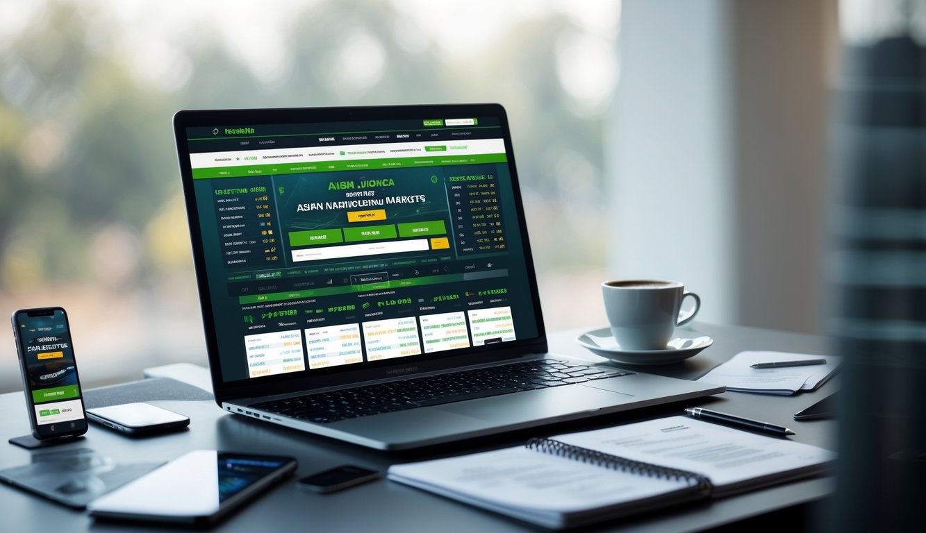 Seorang pria menggunakan laptop di meja kerja dengan tampilan situs taruhan olahraga online dan perangkat pendukung di sekitarnya.