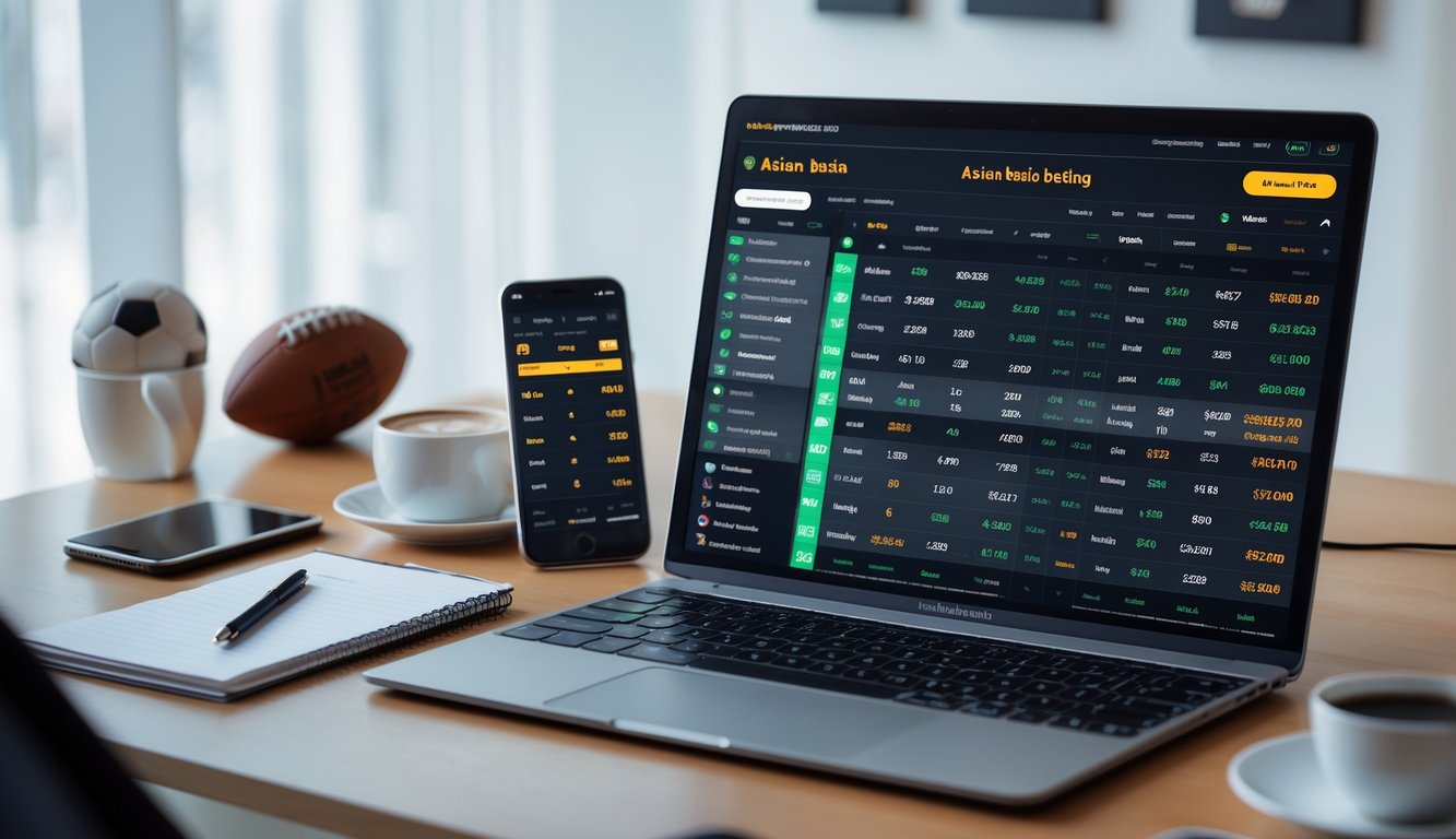 Seorang pria menggunakan laptop di meja kerja dengan layar menampilkan halaman taruhan olahraga handicap Asia dan perangkat elektronik di sekitarnya.