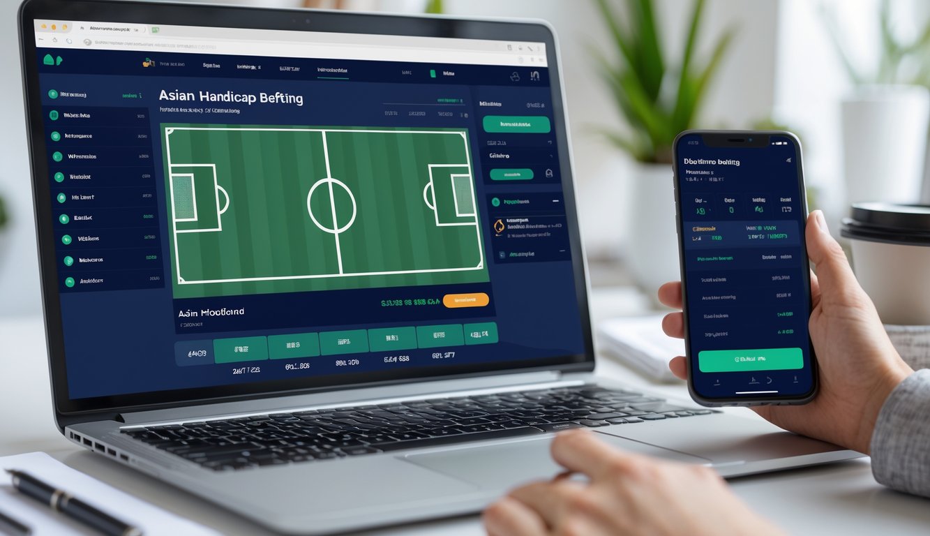 Seseorang menggunakan laptop dan ponsel untuk memasang taruhan bola secara online di ruang kerja yang rapi dan terang.