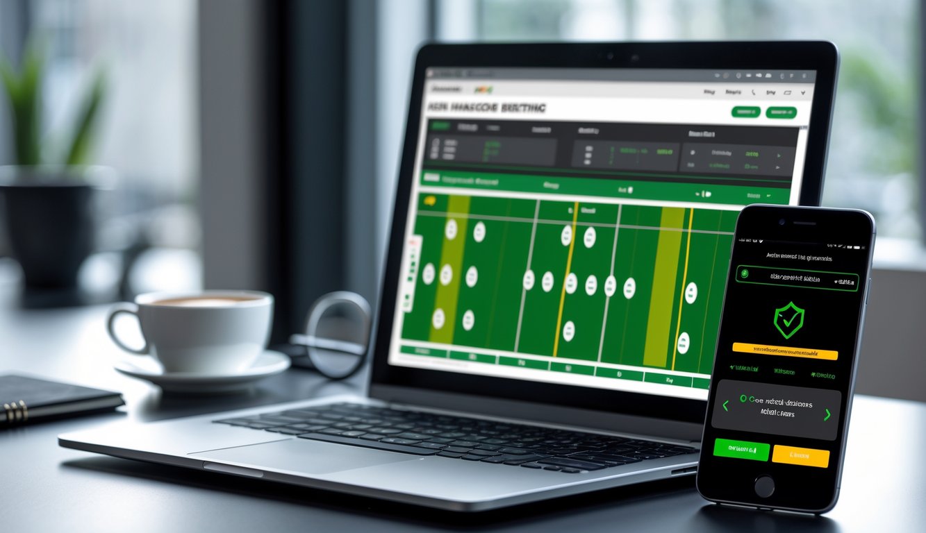 Seorang pria menggunakan laptop dan ponsel untuk melakukan taruhan olahraga dengan antarmuka deposit dan penarikan cepat.