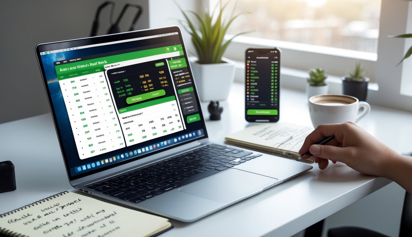 Meja kerja dengan laptop yang menampilkan situs taruhan sepak bola Asia, ponsel dengan skor pertandingan, buku catatan, dan cangkir kopi.