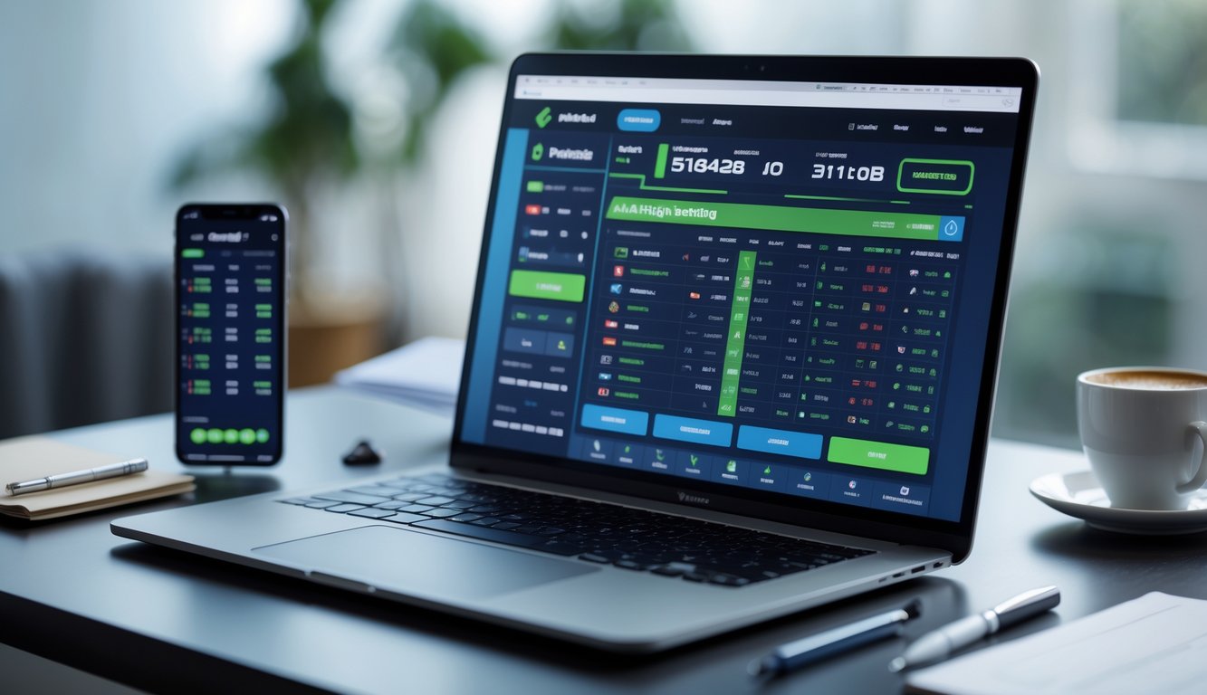 Seorang pengguna duduk di depan laptop dengan tampilan situs taruhan olahraga online, dikelilingi oleh ponsel, kopi, dan alat tulis di meja kerja.