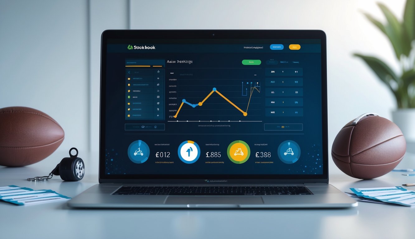 Sebuah meja kerja modern dengan laptop yang menampilkan antarmuka taruhan sepak bola handicap Asia secara online, dikelilingi bola sepak dan peluit wasit.