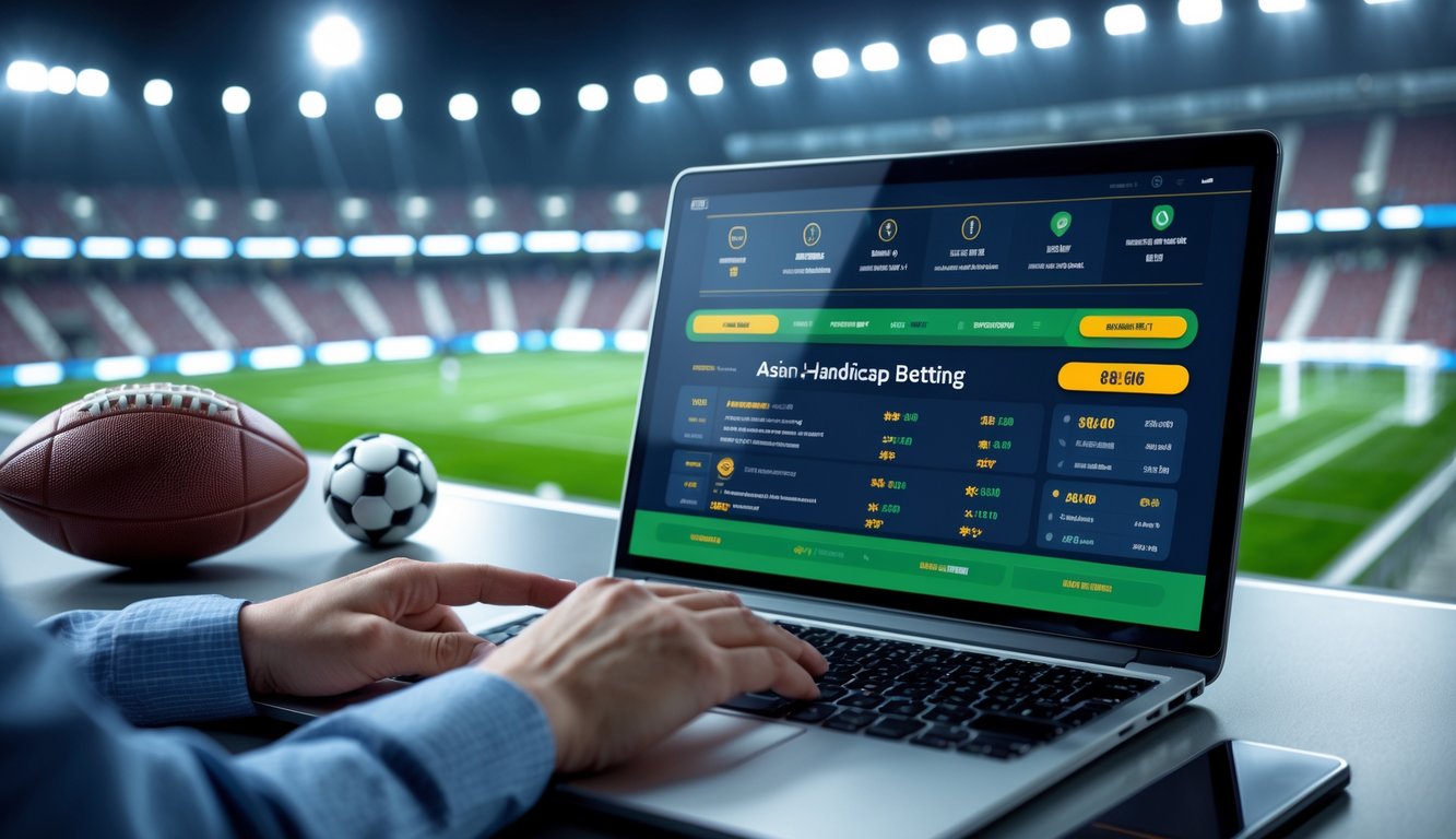 Seorang pengguna berinteraksi dengan laptop yang menampilkan situs taruhan sepak bola Asia handicap dengan latar belakang stadion dan bola sepak.