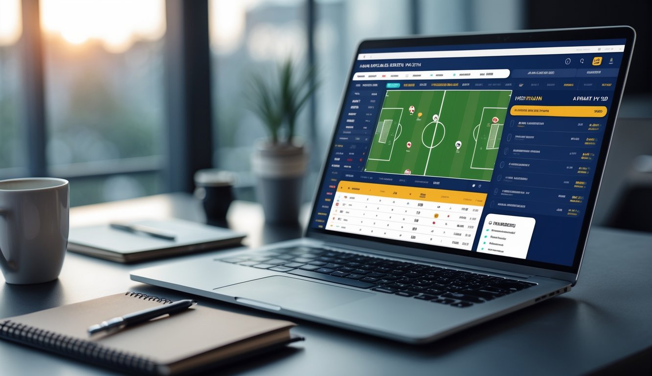 Seorang pengguna bekerja dengan laptop dan ponsel yang menampilkan antarmuka taruhan olahraga sepak bola handicap Asia di meja kerja.