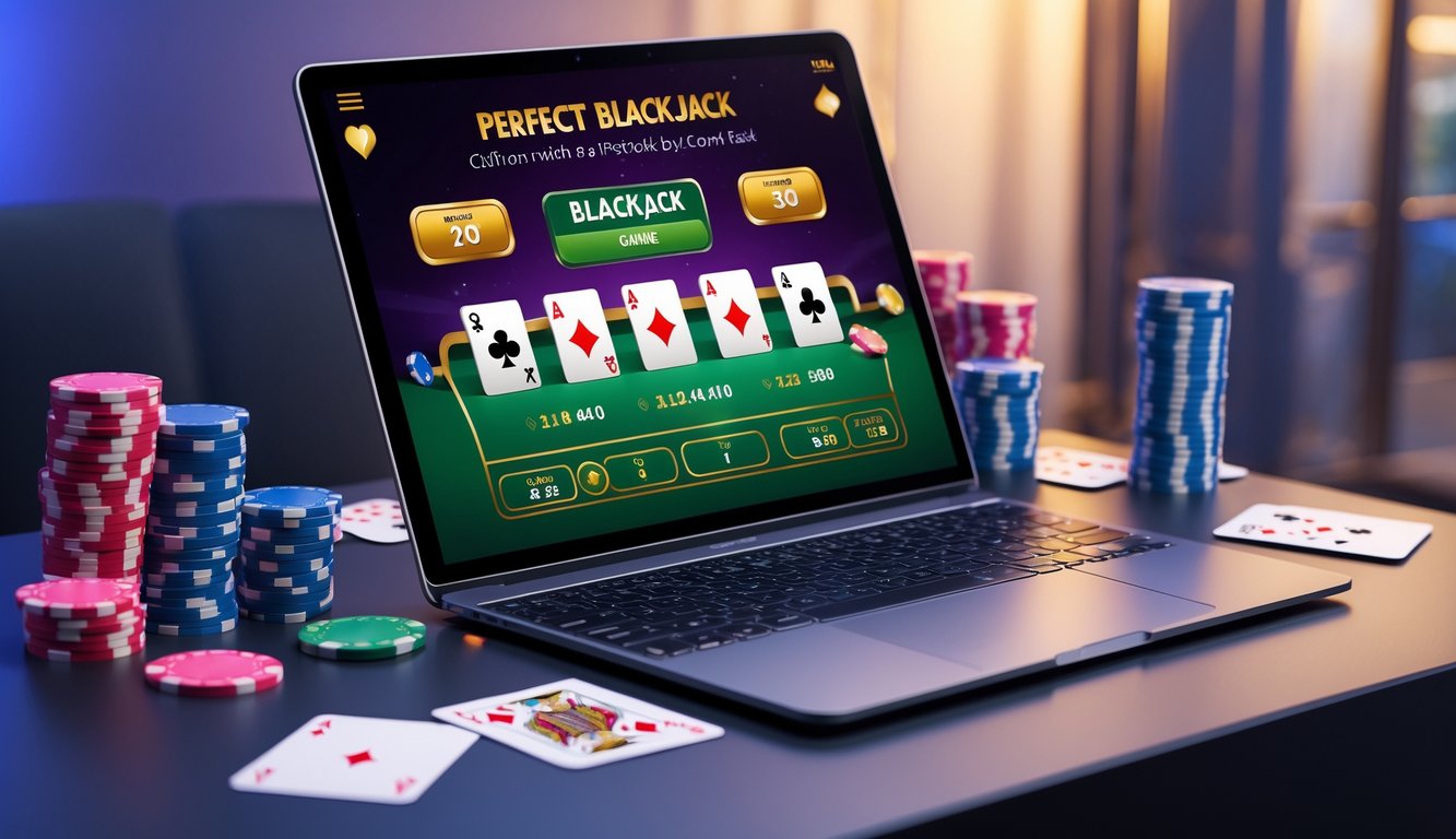 Sebuah laptop menampilkan permainan blackjack online dengan kartu dan chip poker di sekitarnya dalam suasana kasino yang hangat dan ramah.