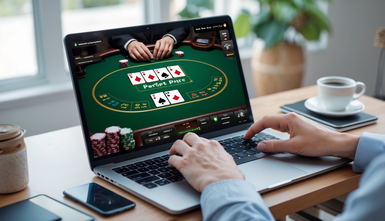 Sebuah meja dengan komputer yang menampilkan permainan blackjack online dengan kartu pasangan, tumpukan chip, dan tangan pemain yang berinteraksi dengan permainan.