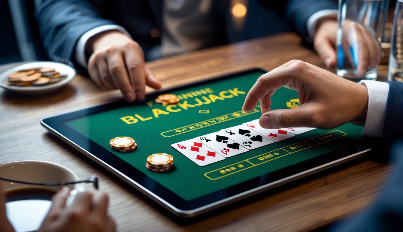 Seorang pemain sedang bermain blackjack online di layar komputer dengan kartu dan chip yang tertata rapi, menunjukkan suasana permainan yang fokus dan profesional.