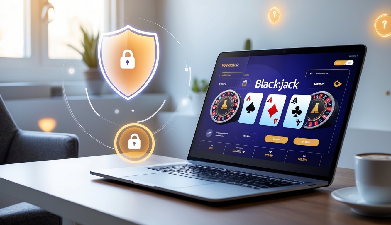 Seorang pemain sedang menggunakan komputer dengan permainan blackjack online yang terlihat jelas di layar dalam ruangan yang rapi dan terang.